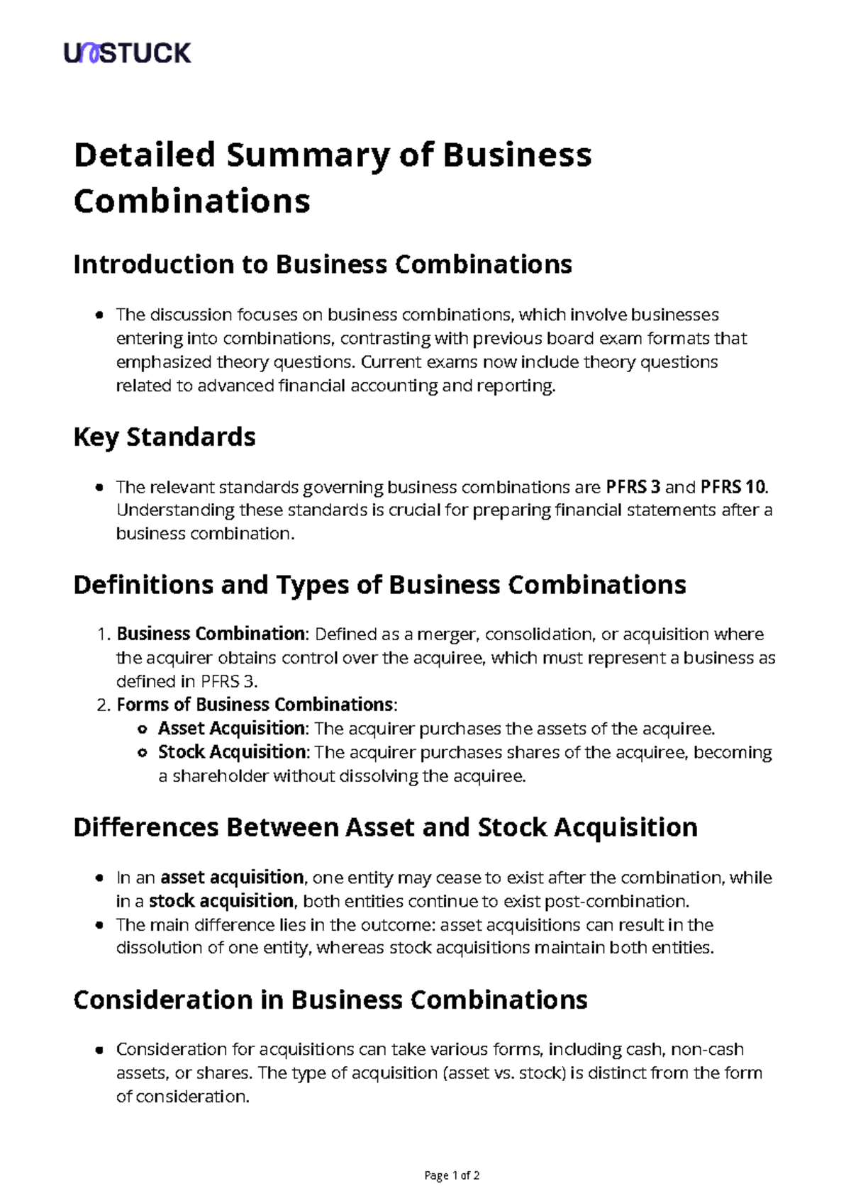 Unstuck-chat - Notes on Business Combination Chapter 13 - Page 1 of 2 ...