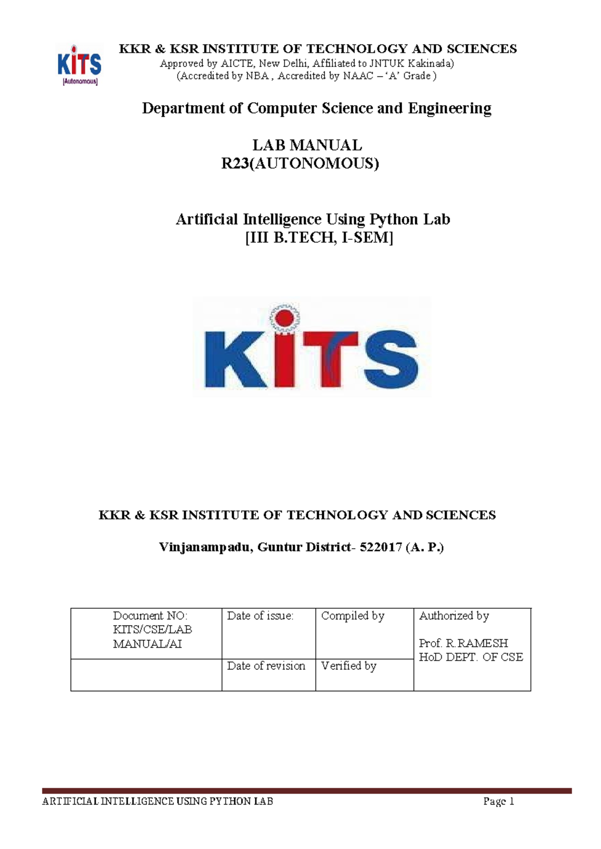Artificial Intelligence Using Python Lab Manual (B.Tech R23) - Studocu