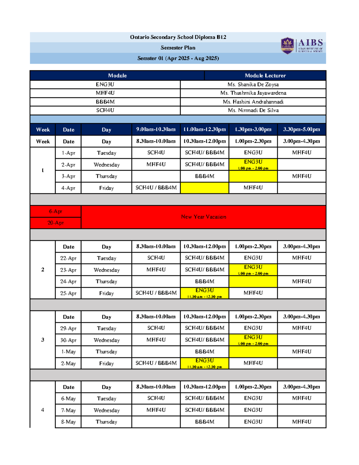 OSSD B12 Semester I Schedule: Course Timetable (Apr-Aug 2025) - Studocu