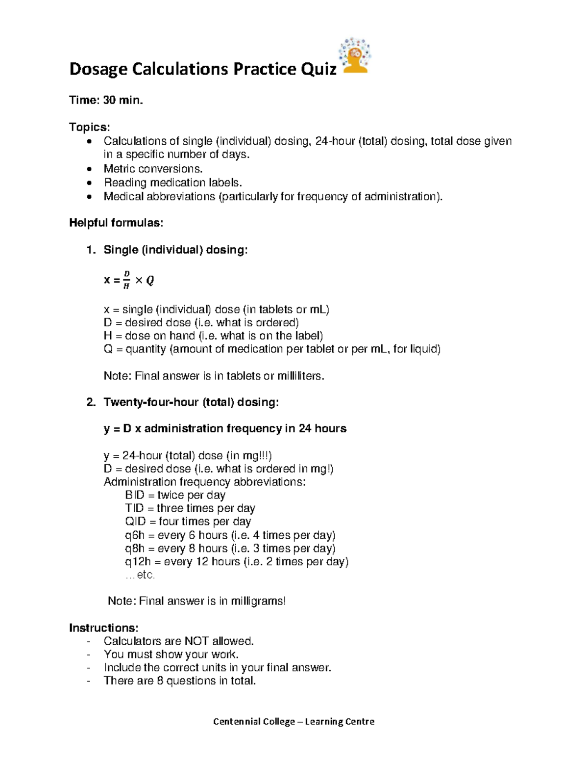 Dosage Calculations Practice Quiz - MATH 101 Guide - Studocu