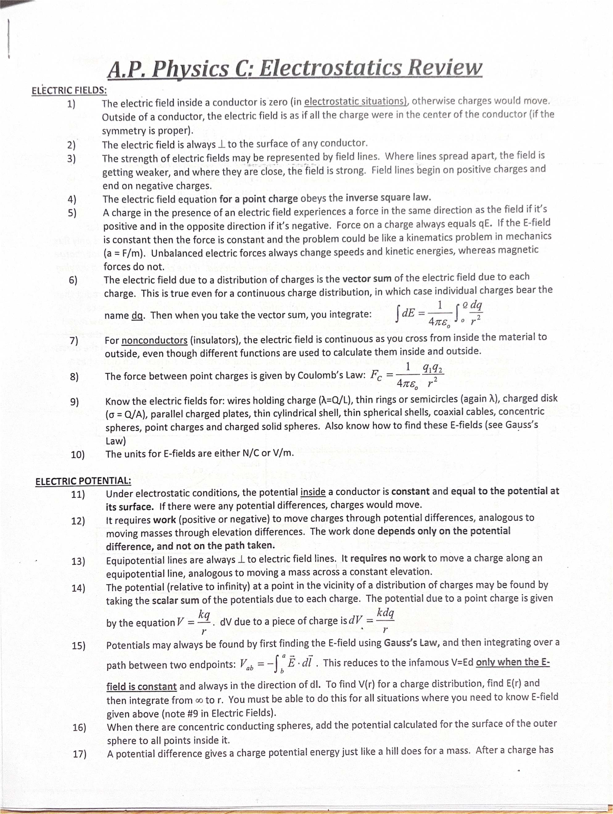 A.P. Physics C: Electrostatics Review - Electric Fields & Potential ...