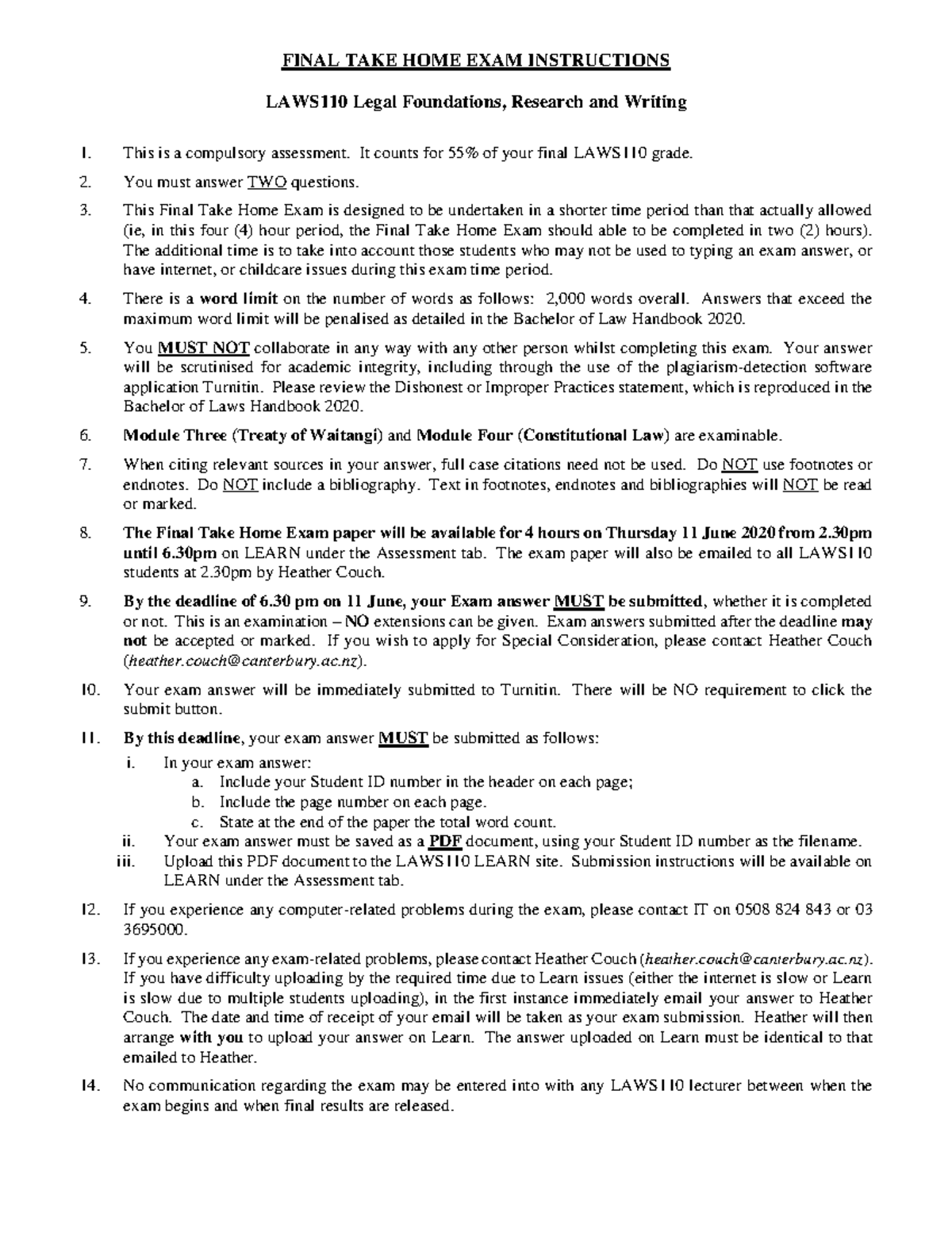 LAWS110 Final Take Home Exam Instructions - 2020 Edition - Studocu