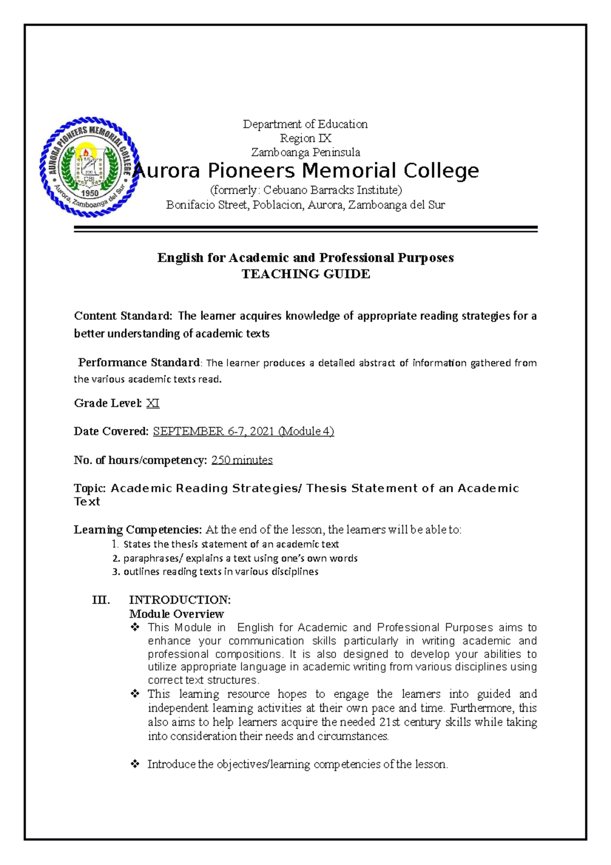 Teaching Guide for EAPP Module 4: Academic Reading Strategies - Studocu