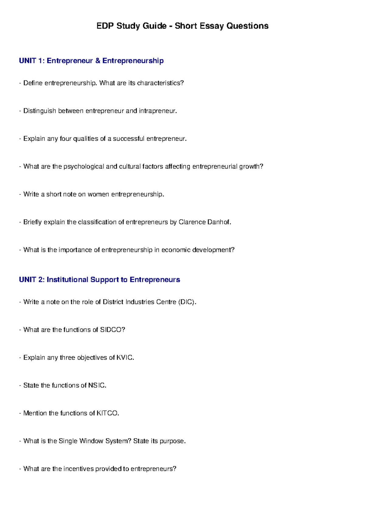 EDP 101: Short Essay Questions Study Guide for Entrepreneurship Units ...