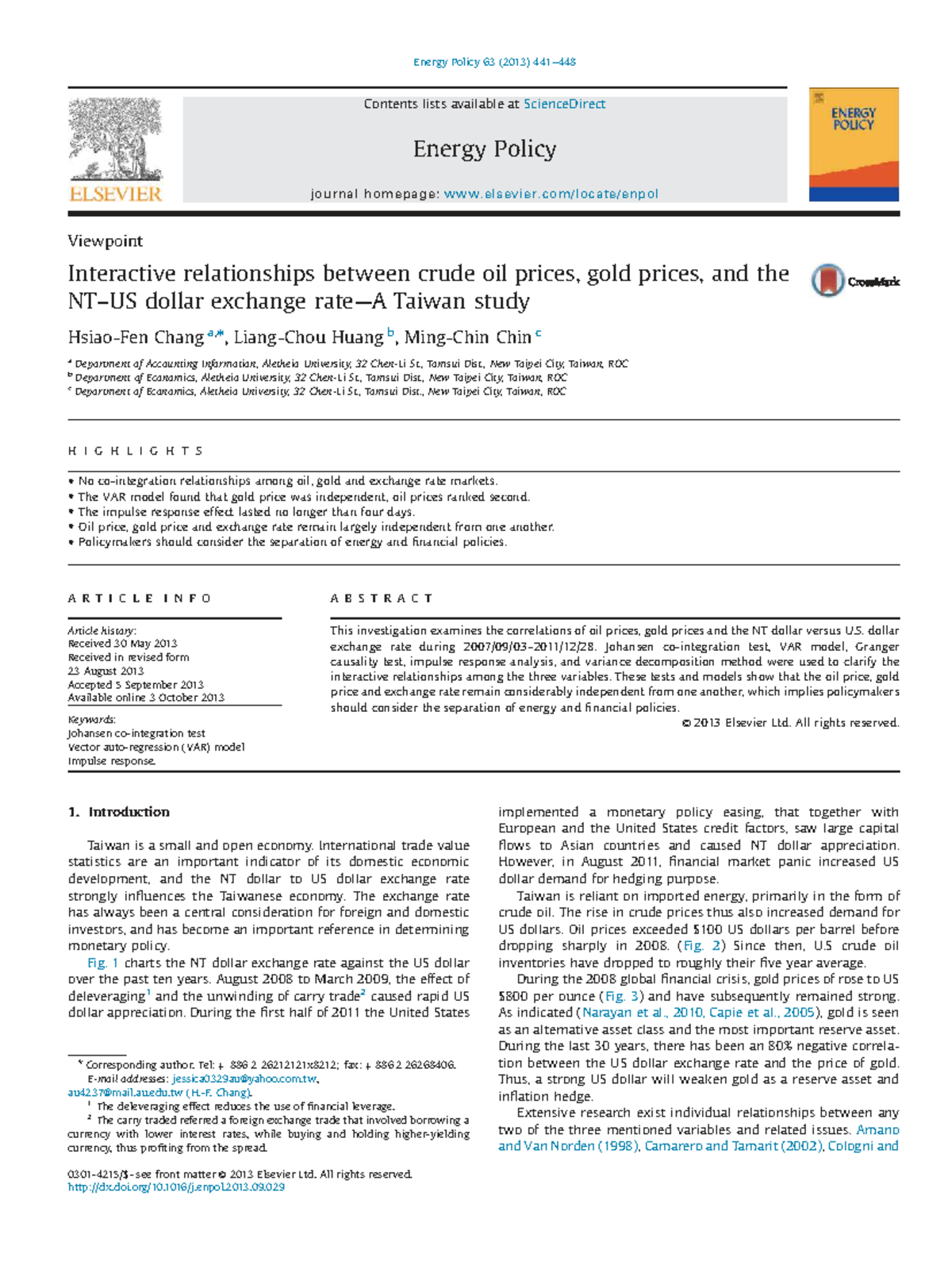 Interactive Relationships Among Oil, Gold Prices, and NT Dollar ...