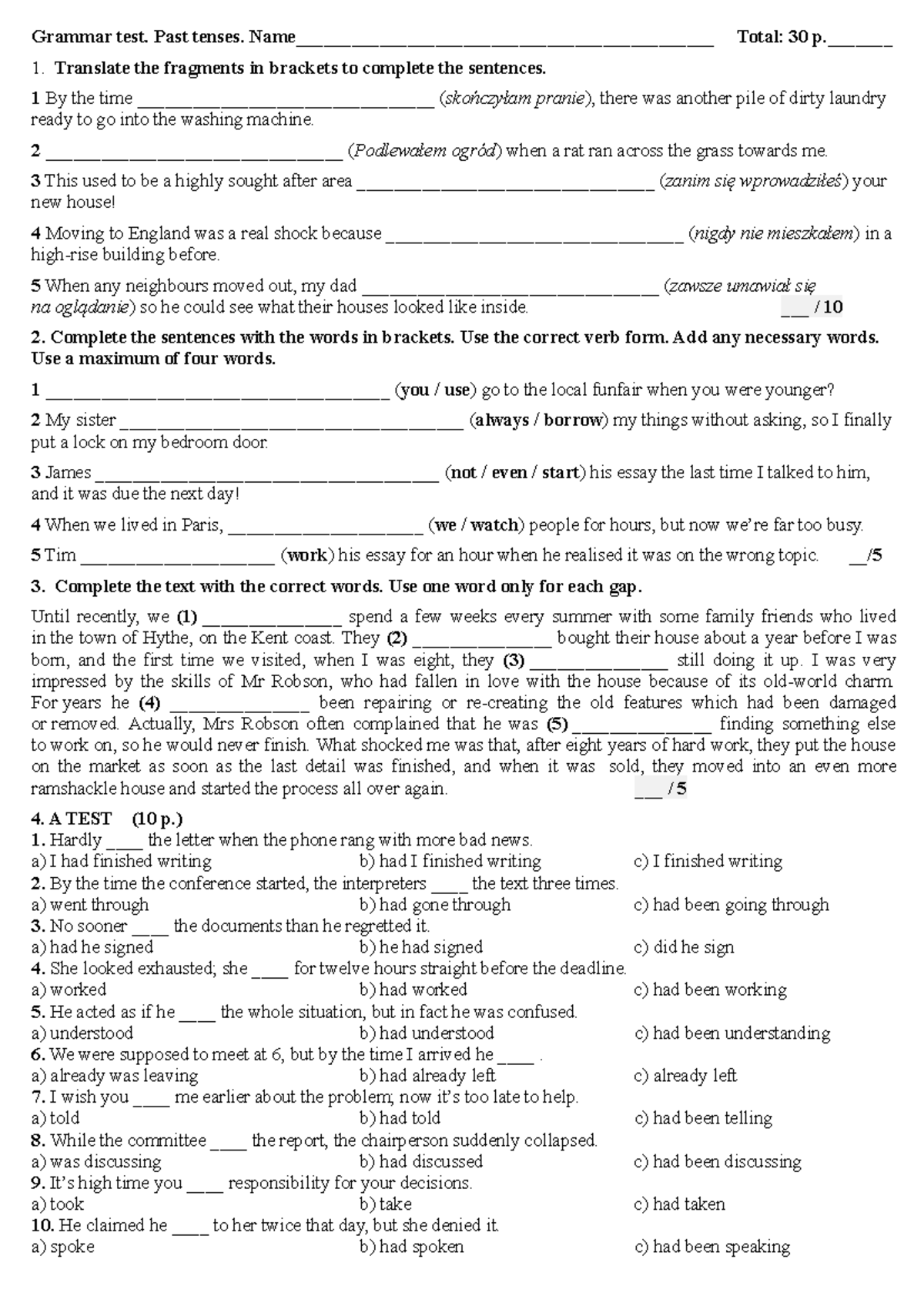 Unit 2 Grammar Test: Past Tenses Practice - Repetytorium MacMillan - Document Preview