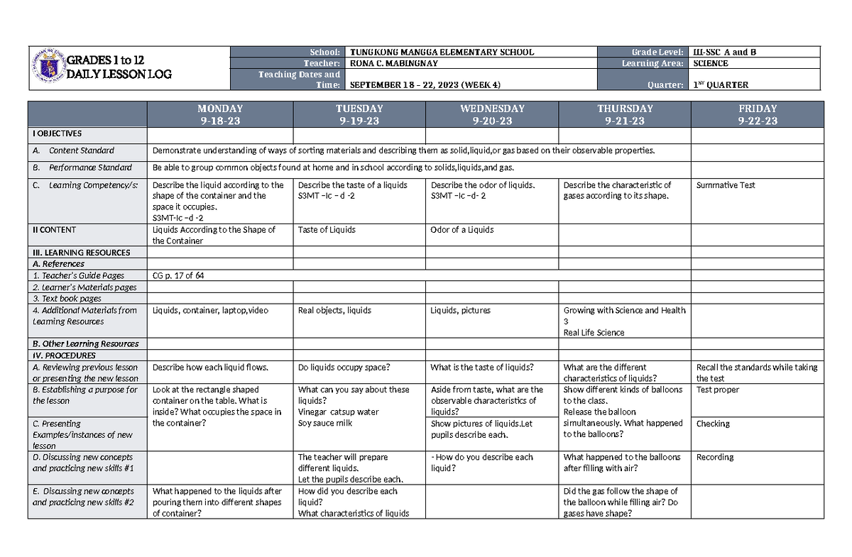 DLL Science 3 Q1 W4 - Daily Lesson Log on Liquids and Gases - Studocu