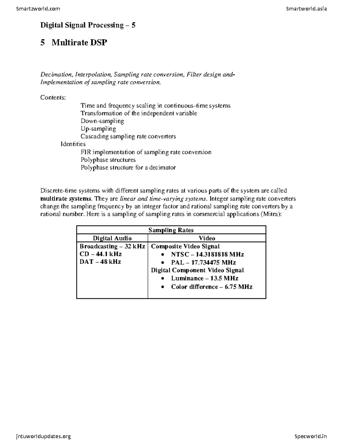 Digital Signal Processing U5: Multirate DSP Techniques and Applications ...