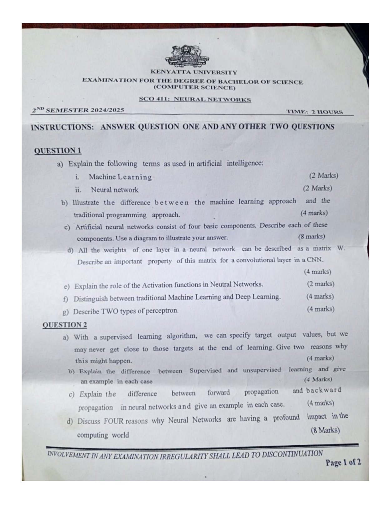SCO 411: Neural Networks Exam Paper - Bachelor of Science 2024-2025 ...