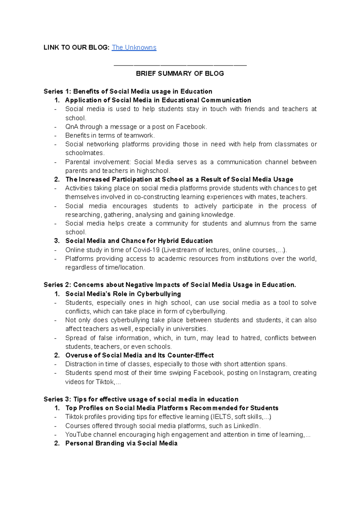 Brief for Group Blog - LINK TO OUR BLOG: The Unknowns ...