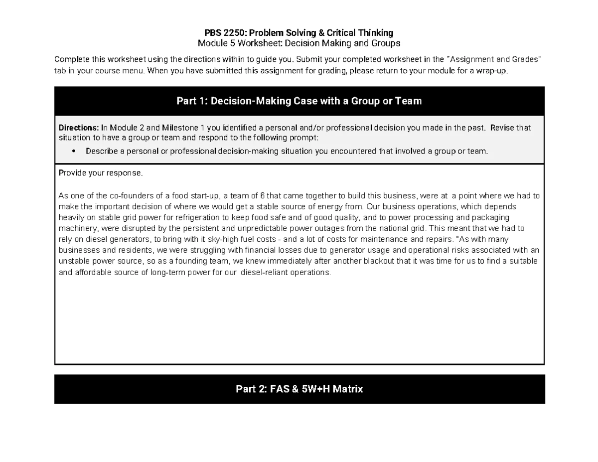 PBS 2250: Problem Solving Critical Thinking Module 1 FAS Analysis ...