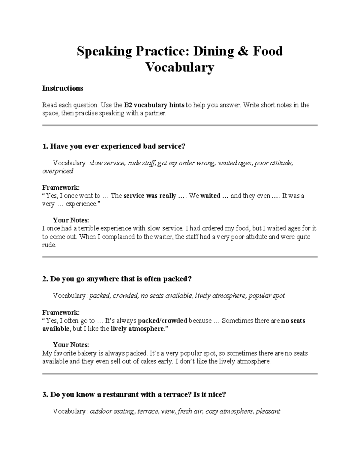 1A - Speaking Practice: Dining Food Vocabulary Guide - Studocu