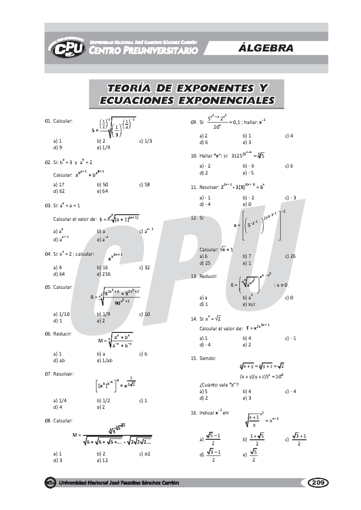 04 A Lgebra 2015 I 1 - De Mucha Ayuda - Calcular: A) 1 B) 2 C) 1/ D) 9 ...