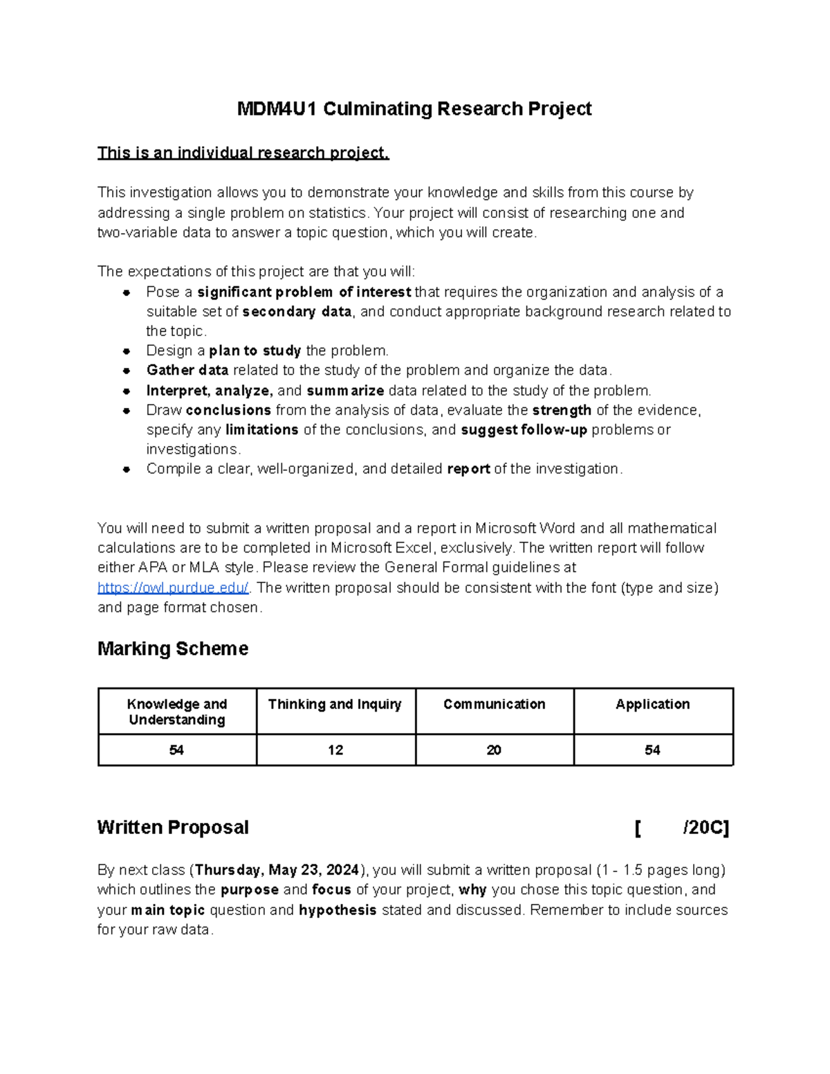 MDM4U1 Culminating Research Project Guidelines and Expectations - Studocu
