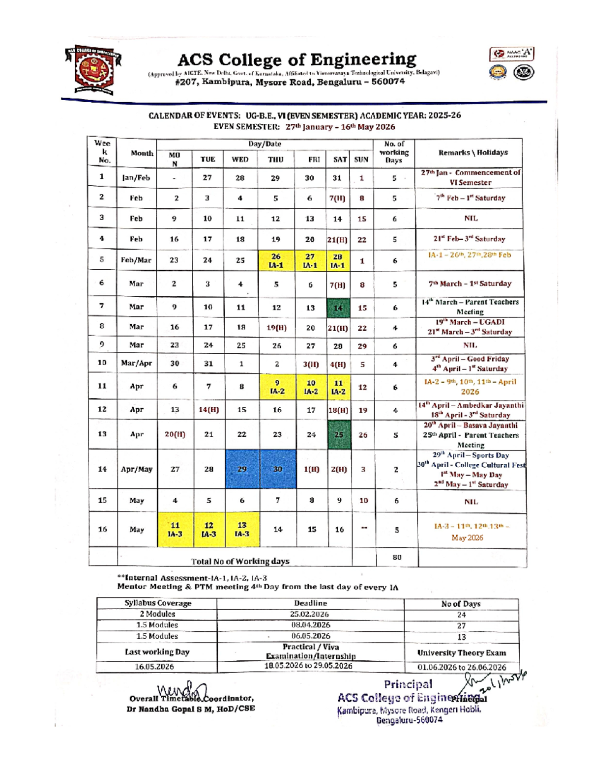 COE Final - ACS College of Engineering Academic Calendar 2026 - Studocu