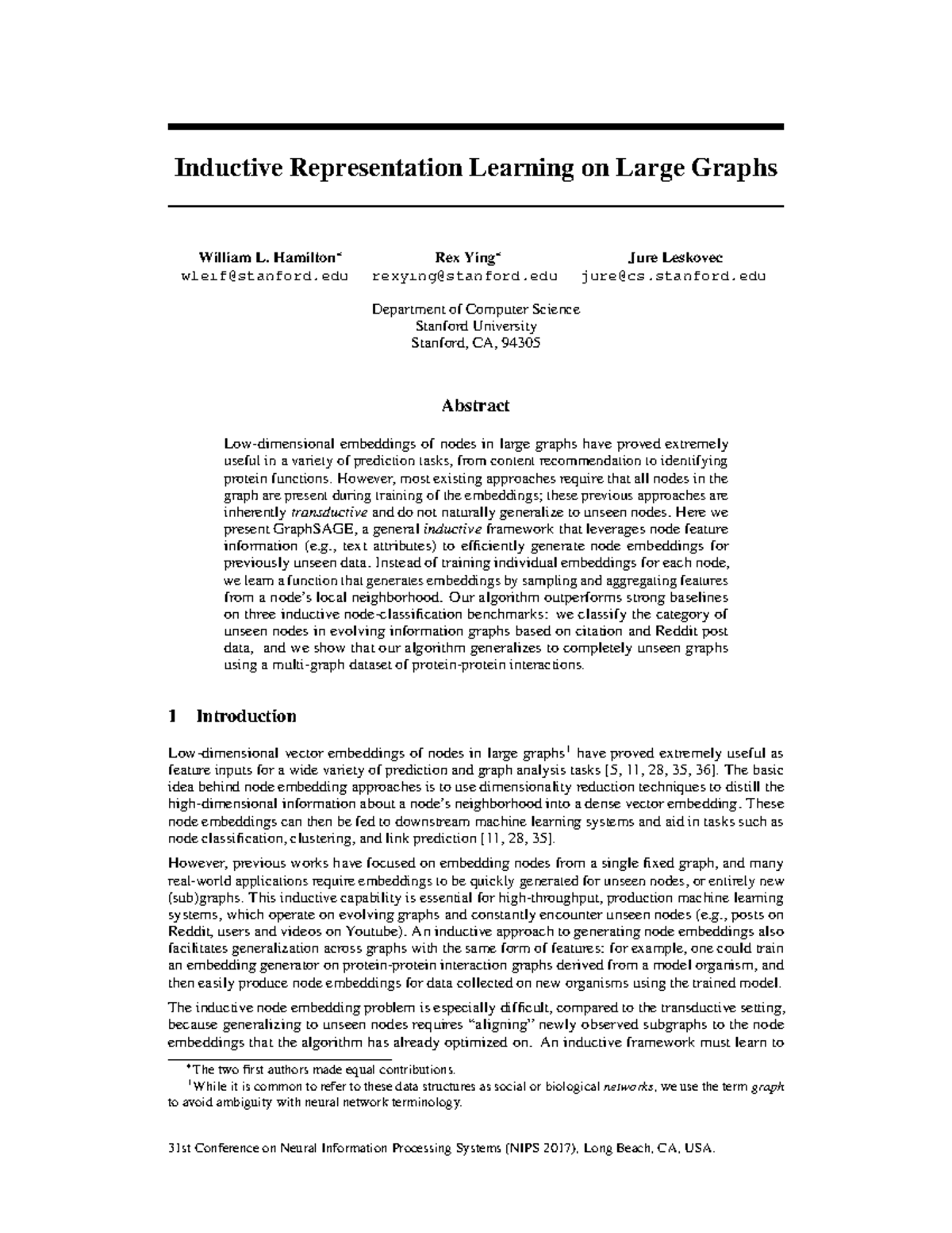 NIPS 2017: Inductive Representation Learning on Large Graphs - Studocu