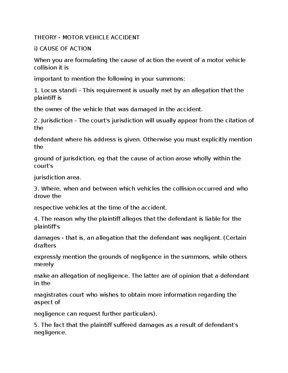 Civil Procedure - Example of Motor Vehicle Accident Pleadings - Studocu