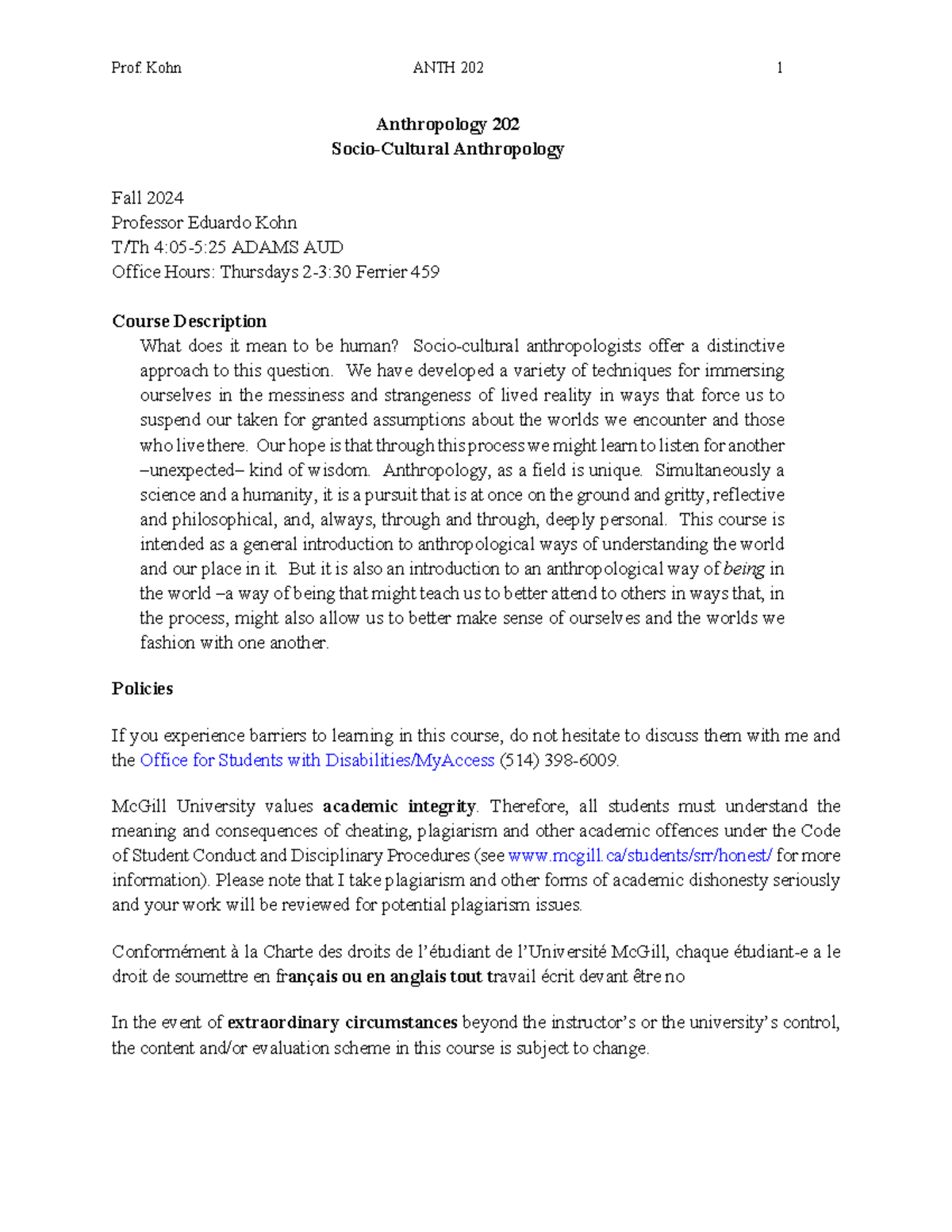 Anth 202 Fall 2024 Syllabus: Introduction to Anthropology - Studocu