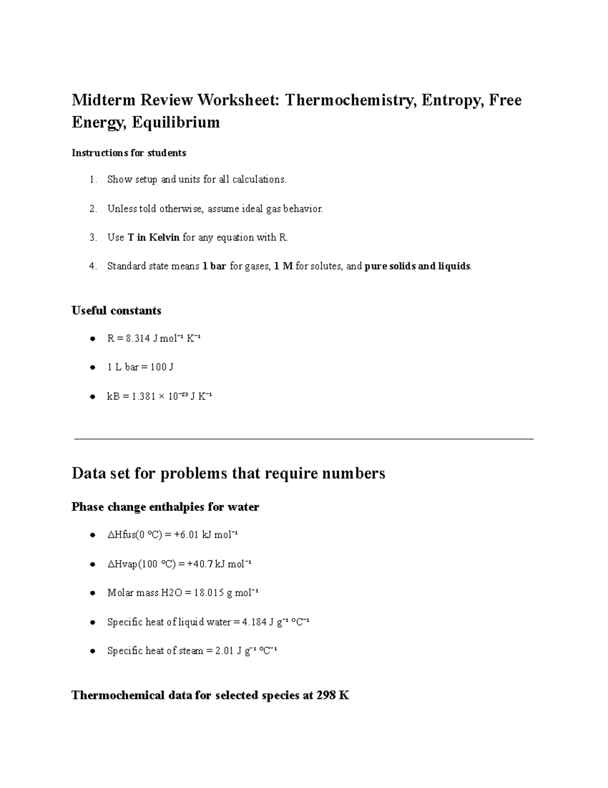 Midterm 2 Worksheet: Thermochemistry, Entropy, and Equilibrium Review ...
