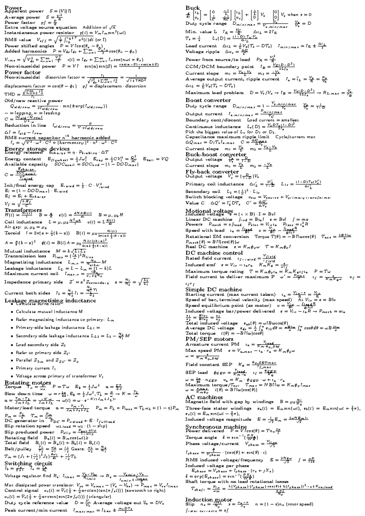 Power Formulas Summary - Electrical Engineering (EE101) - Studeersnel