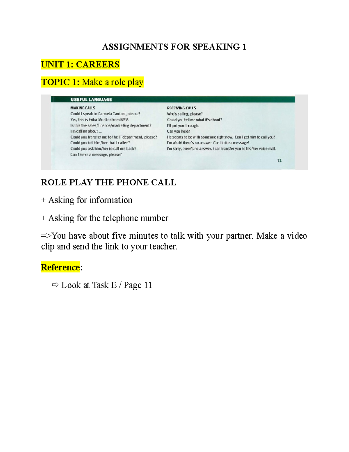 05 Speaking 1 Assignments: Role Play Tasks and Guidelines - Studocu
