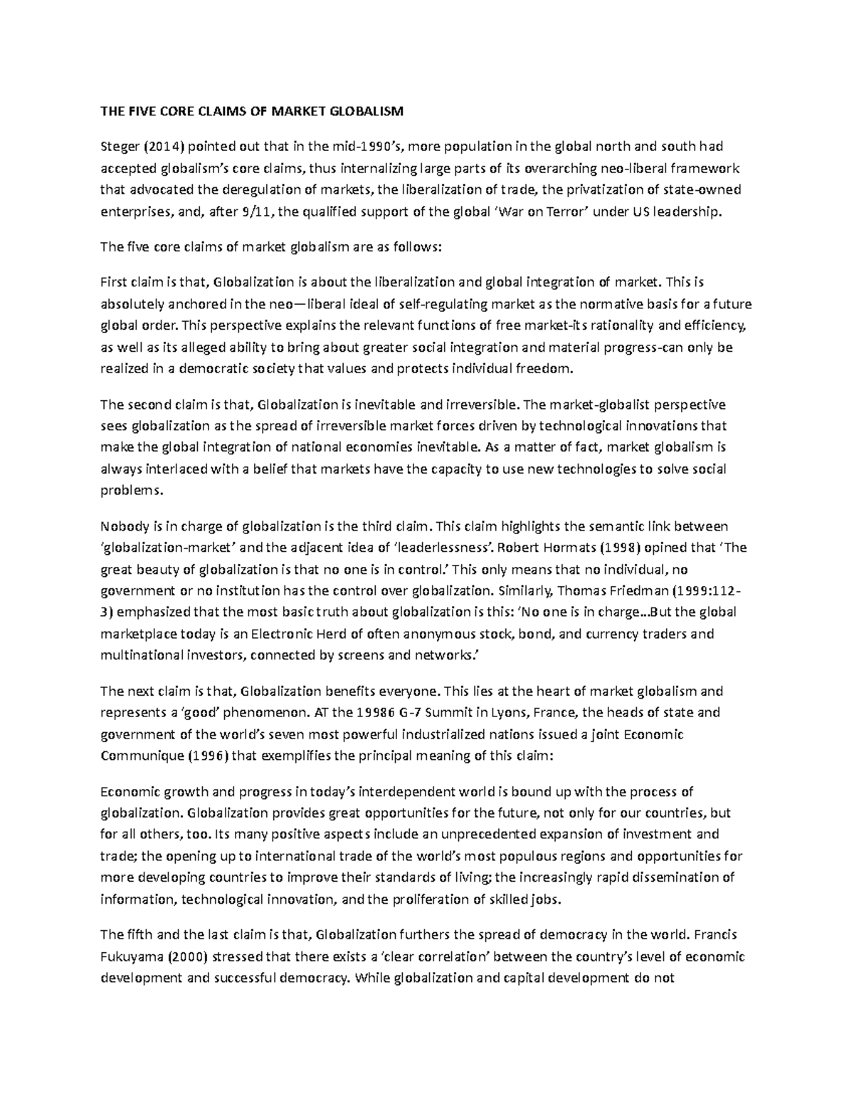 Core Claims of Market Globalism: Analysis & Insights - Studocu