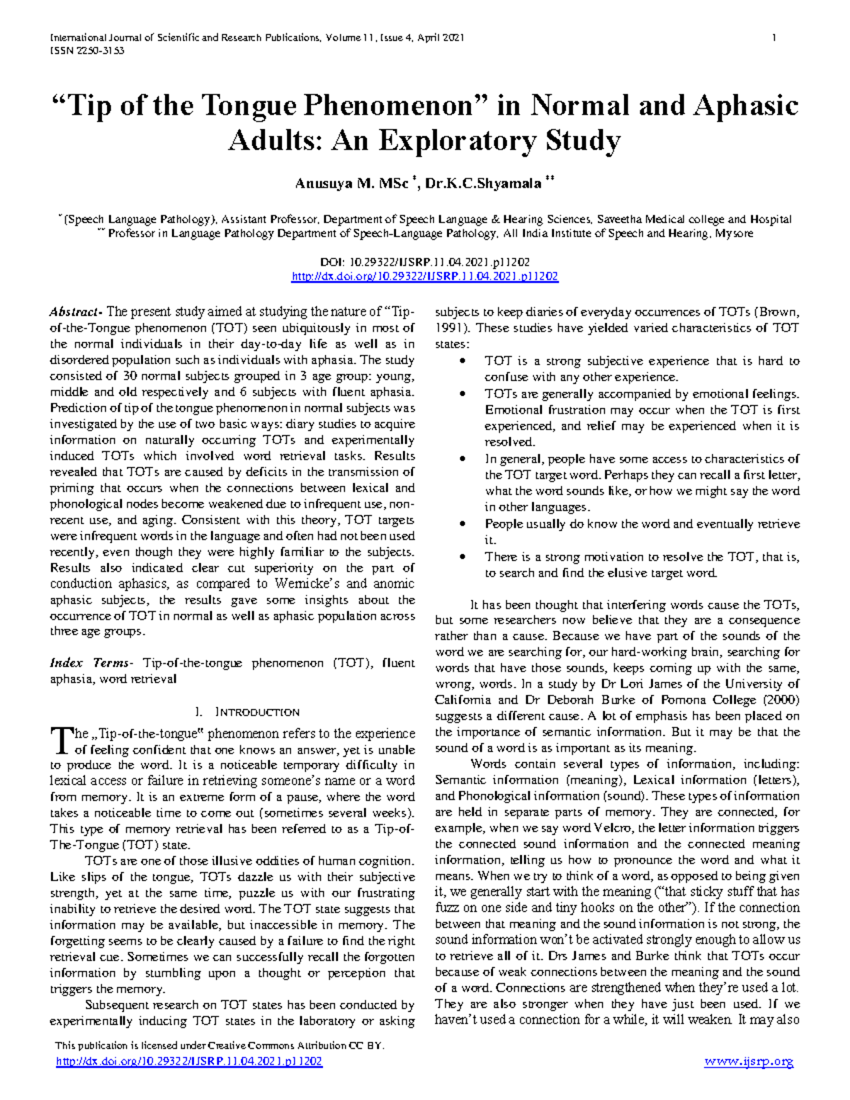 Exploratory Study on Tip of the Tongue Phenomenon in Normal and Aphasic ...