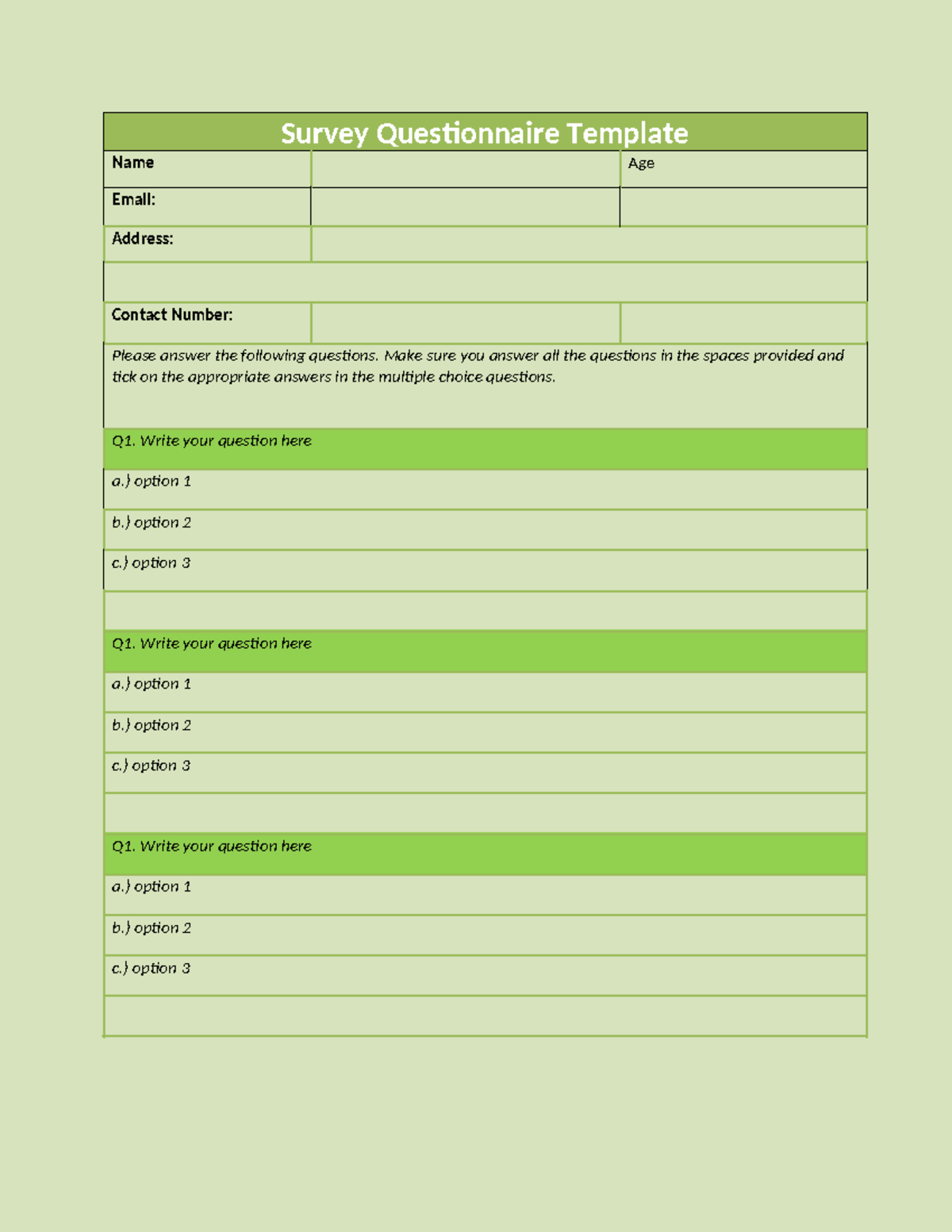 Questionnaire-Template-27 - Survey Questionnaire Template Name Age ...