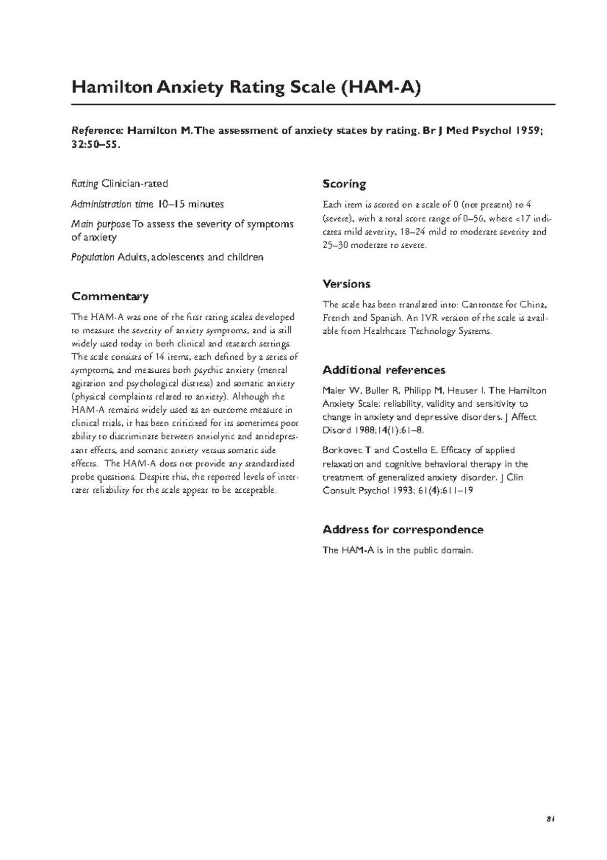 Hamilton Anxiety Rating Scale (HARS): Assessment Guidelines and Scoring ...