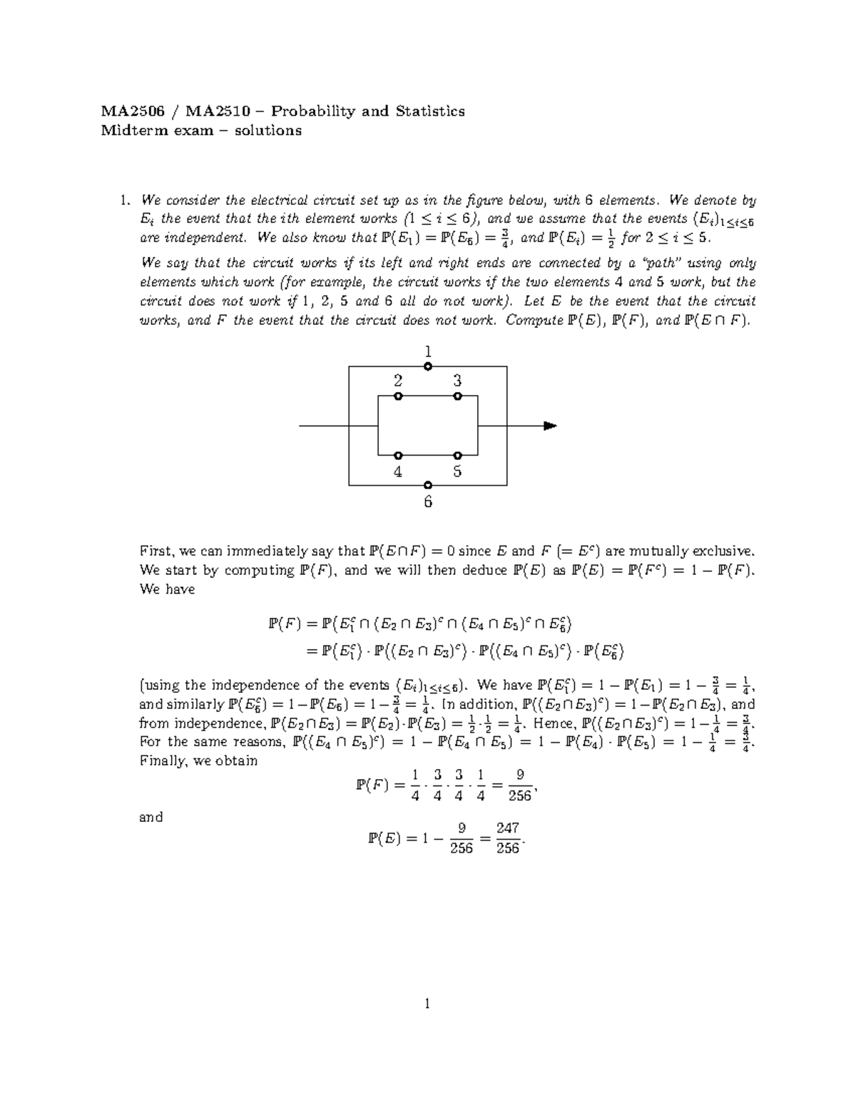 Midterm Exam Solutions for MA2506 / MA2510: Probability and Statistics ...