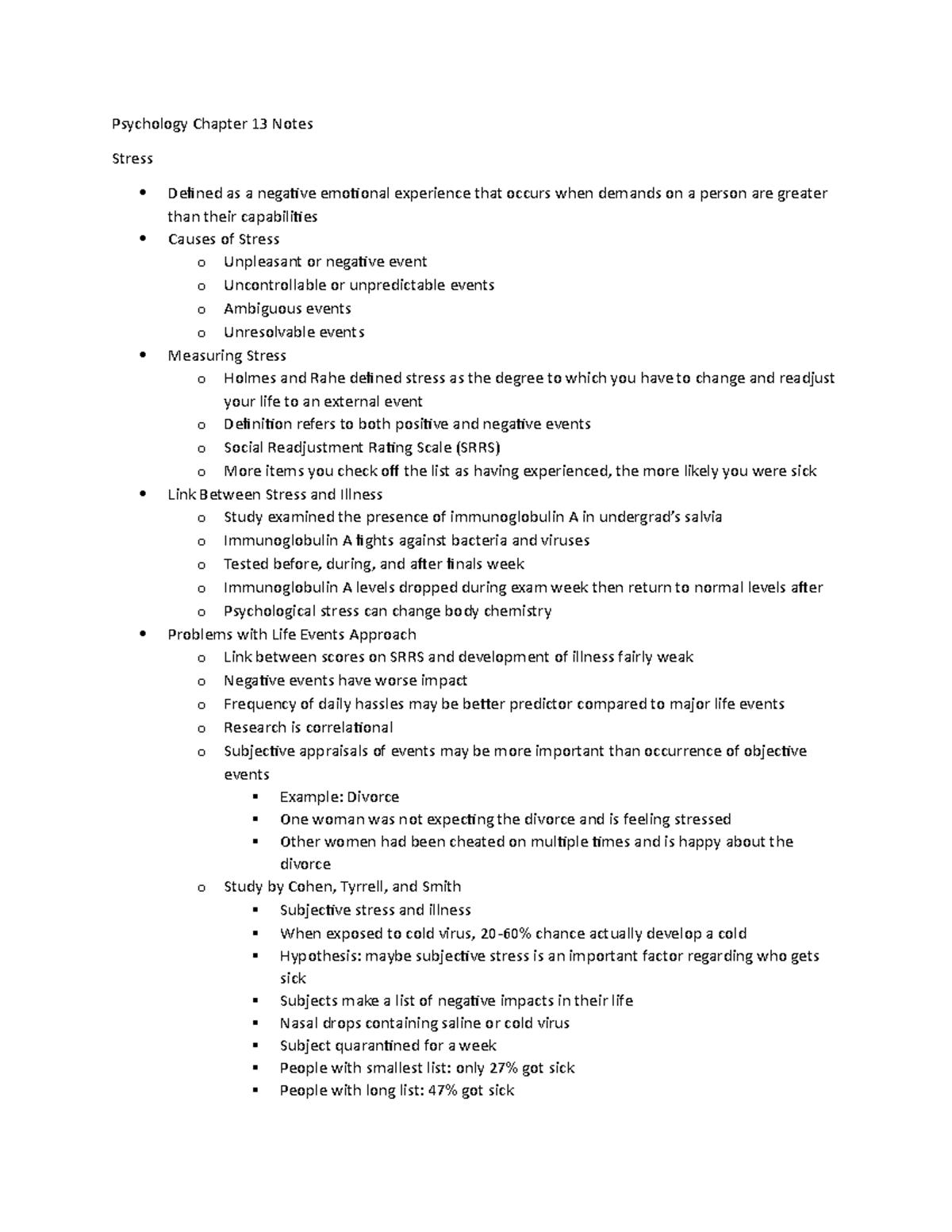 Psychology Chapter 13 Notes - Psychology Chapter 13 Notes Stress ...