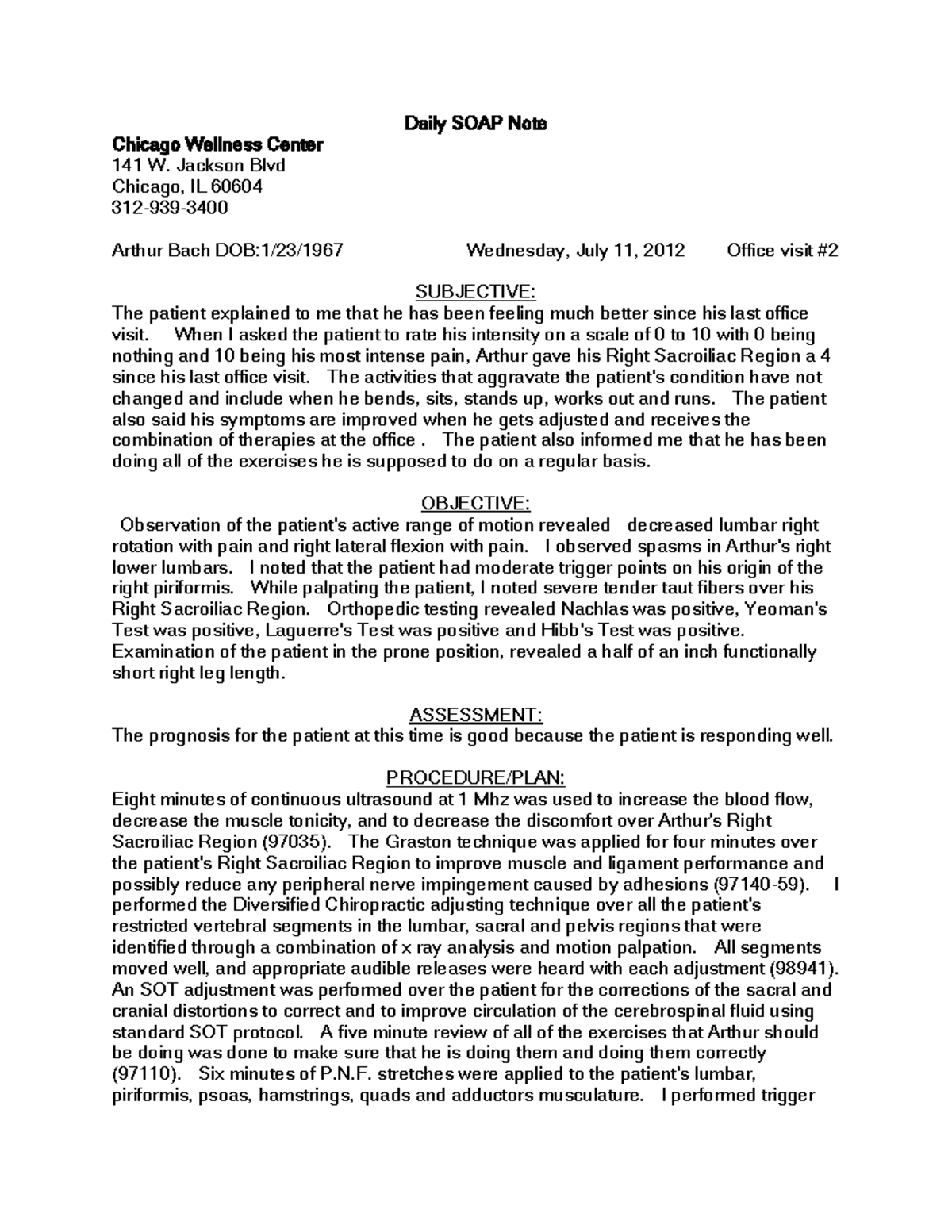 Daily SOAP Note for Arthur Bach - Chicago Wellness Center - Studocu