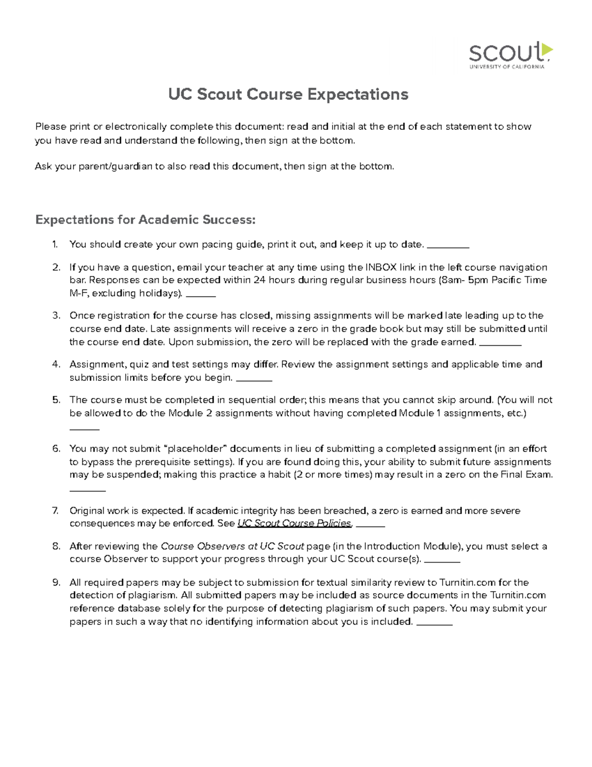 UC Scout Course Expectations for Student Success and Integrity - Studocu