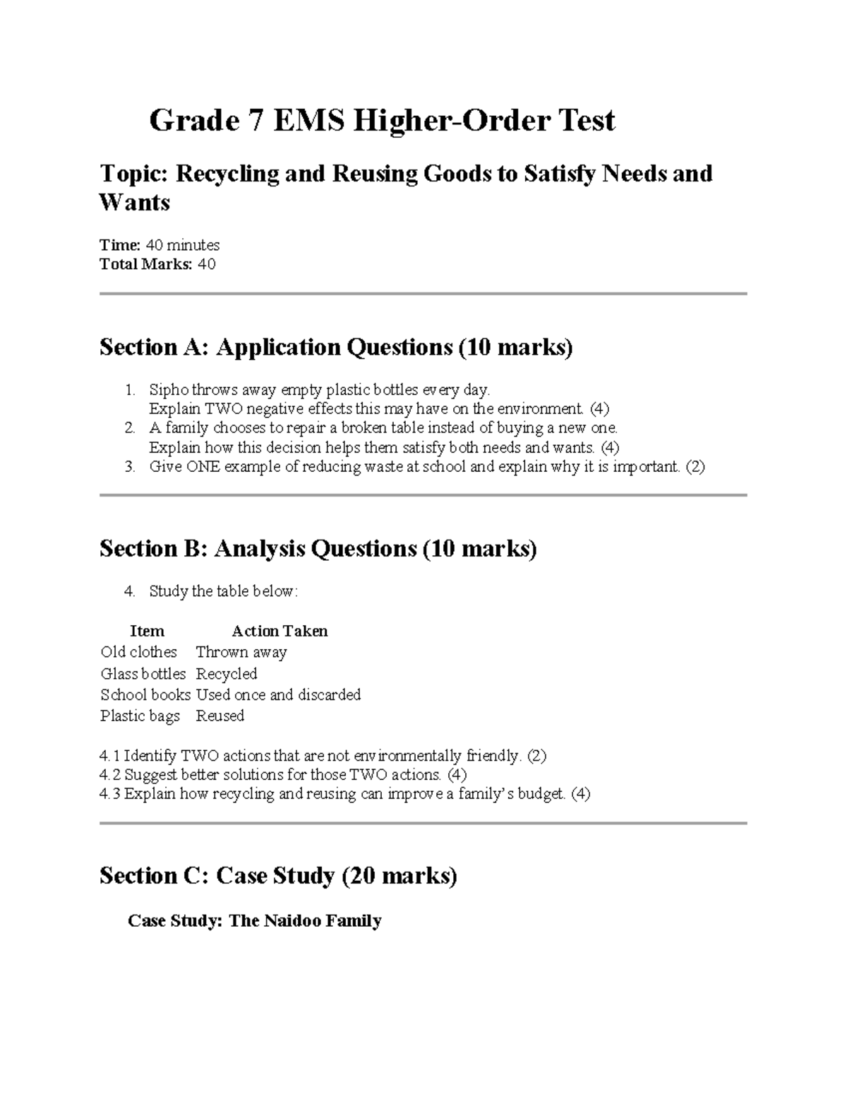 Grade 7 EMS Test: Recycling & Reusing Goods - 40 Min, 40 Marks - Studocu