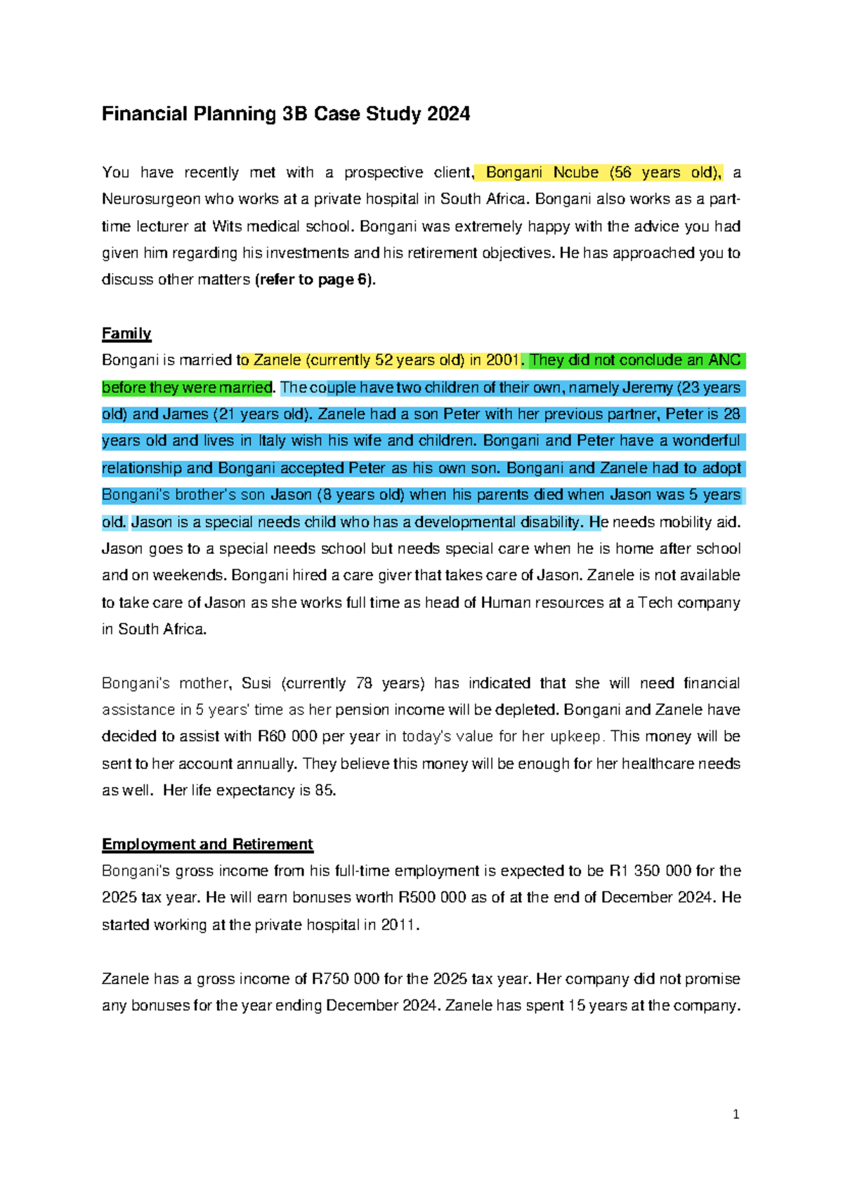 Financial Planning 3B Case Study 2024: Analysis of Client Bongani Ncube ...