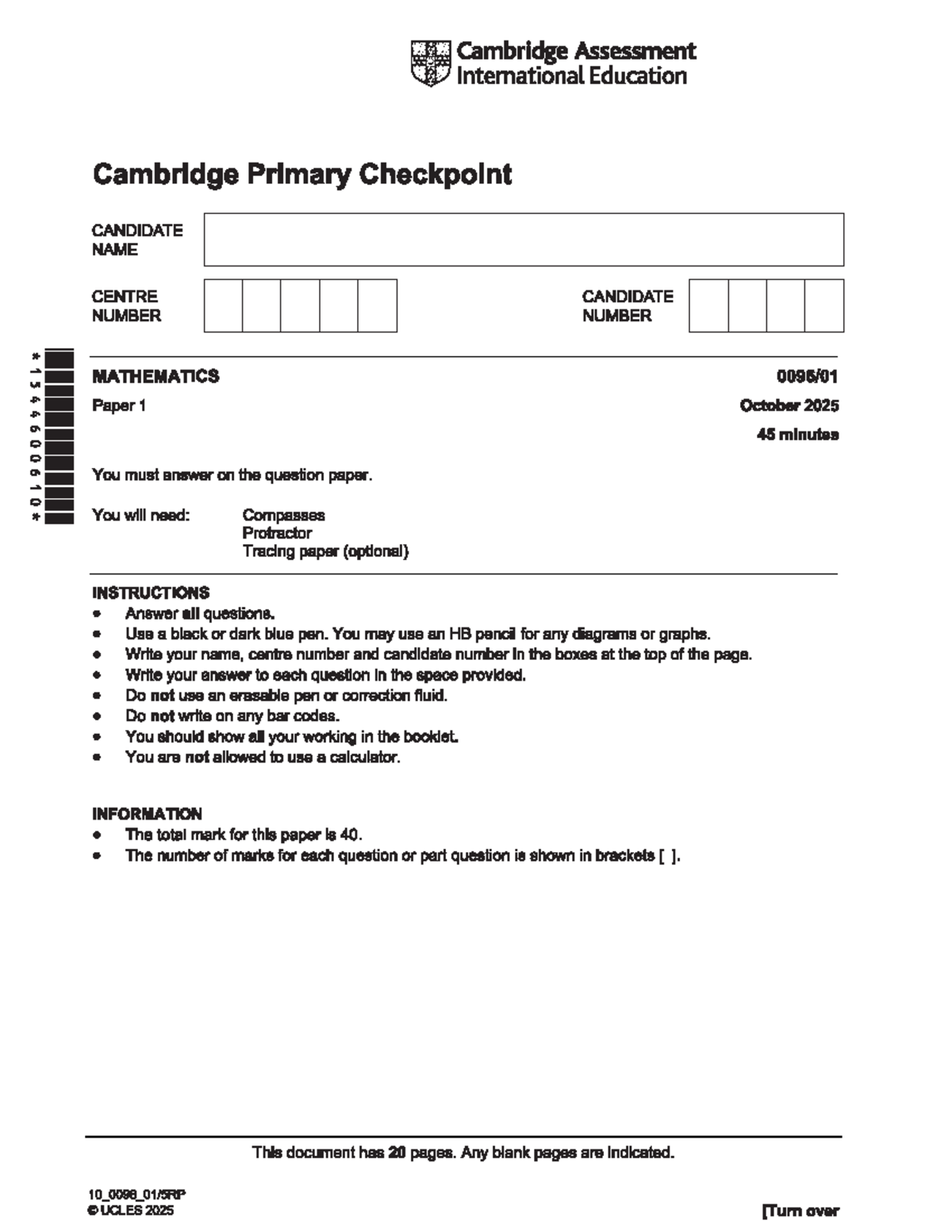 Cambridge Primary Checkpoint Mathematics (CANDIDATE NAME) - Paper 1 ...