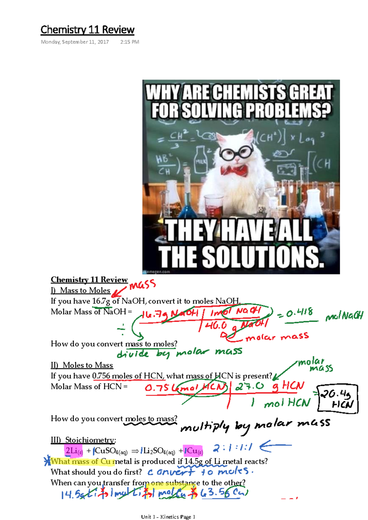 Chemistry 11 Final Exam Review: Mass, Moles, and Stoichiometry - Studocu