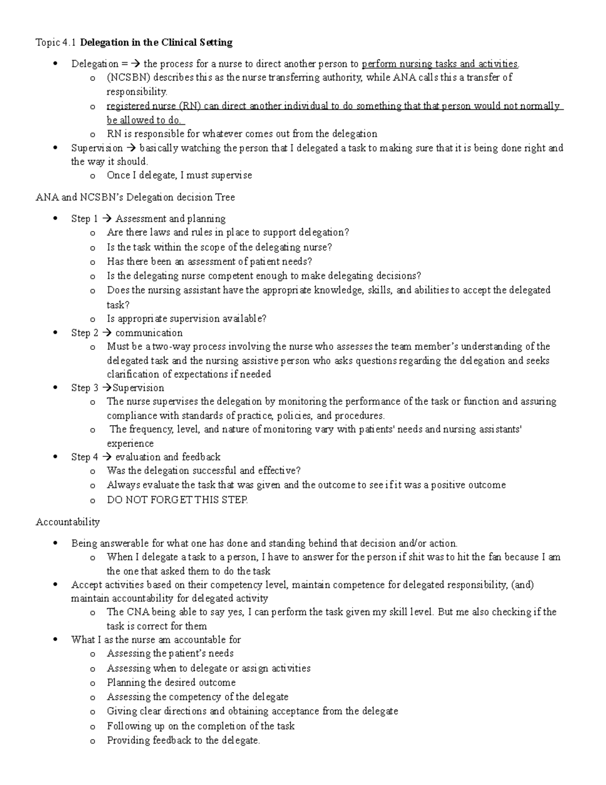 NUR 301 Final Exam Notes: Delegation in Clinical Nursing Practice - Studocu