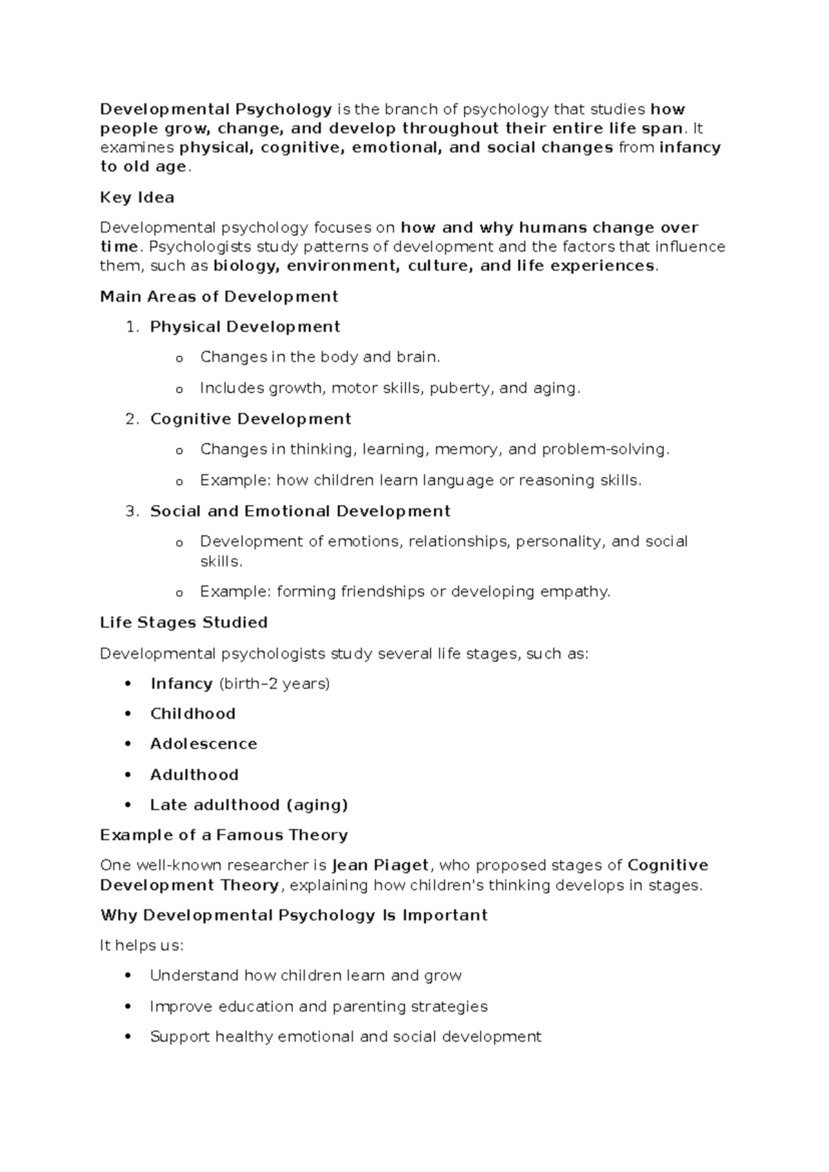 Developmental Psychology Overview: Key Concepts and Life Stages - Studocu