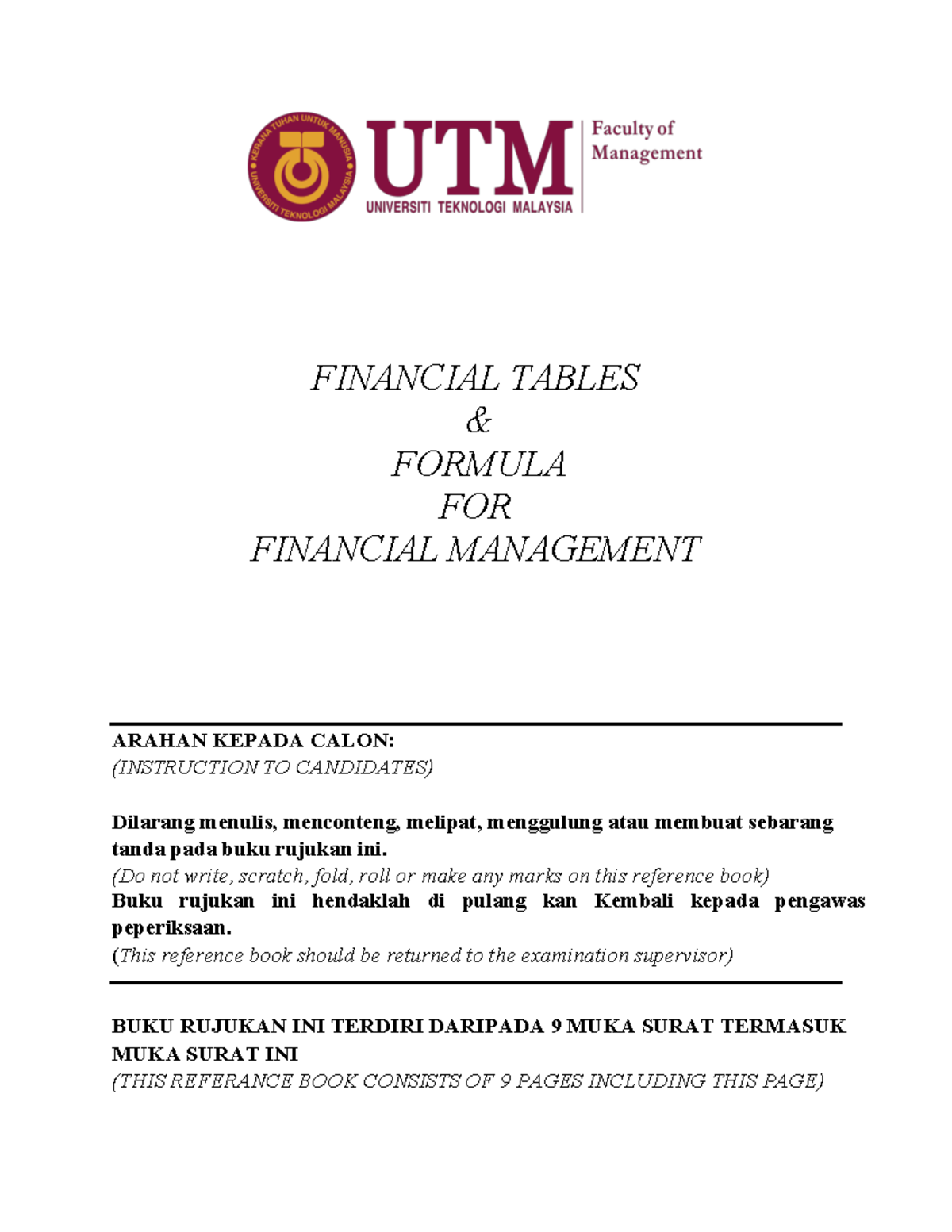 FINANCIAL MANAGEMENT FORMULAS & TABLES ARAHAN KEPADA CALON - Studocu
