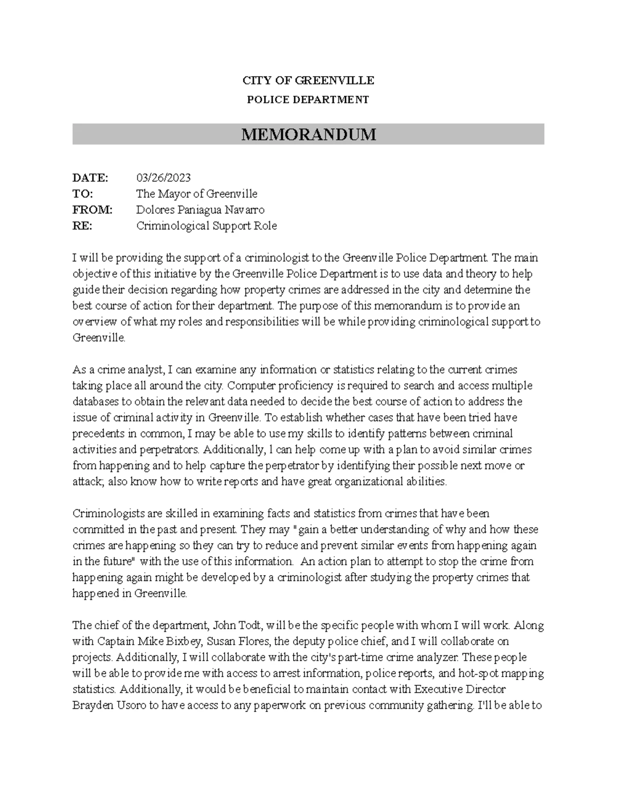 CJ 306 Project One Memo: Criminological Support for Greenville PD - Studocu