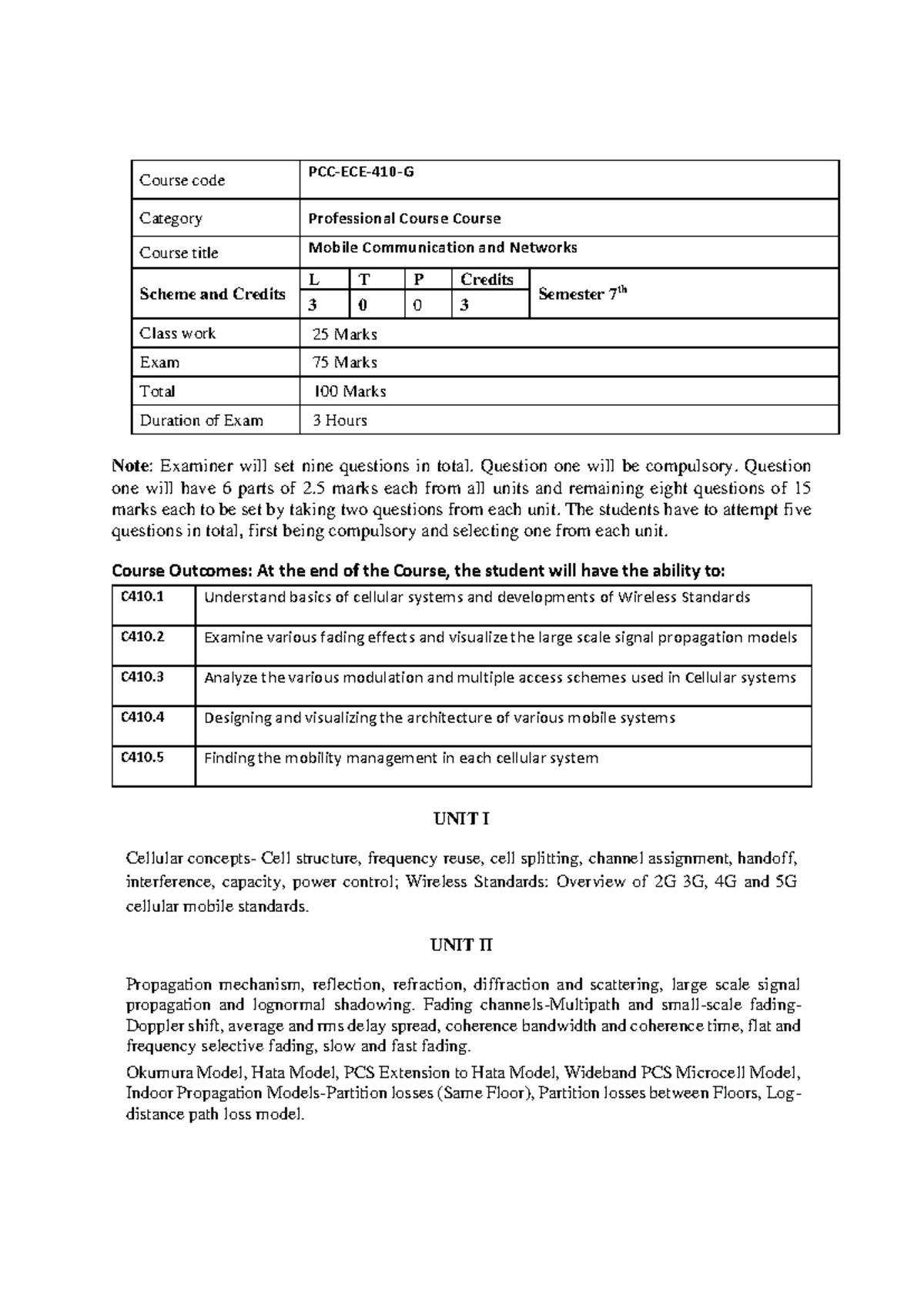 Syllabus for Mobile Communication and Networks (Course Code: C410 ...