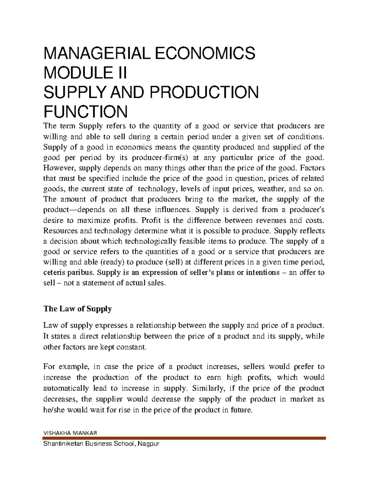 M Eco - Module II: Supply & Production Function Notes for MBA - Studocu