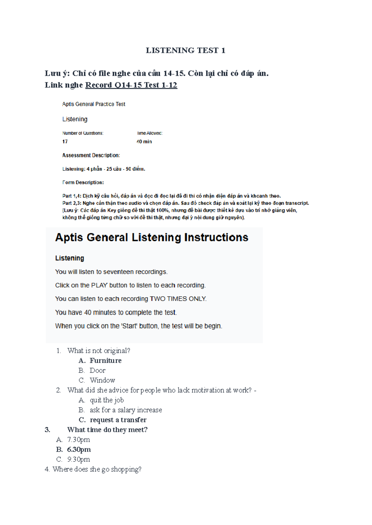 Listening Test 1-12: Key Insights and Answers for Review - Studocu