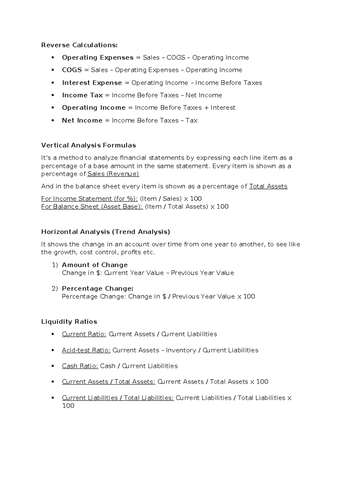 FSA 101: Key Formulas for Financial Statement Analysis and Ratios - Studocu