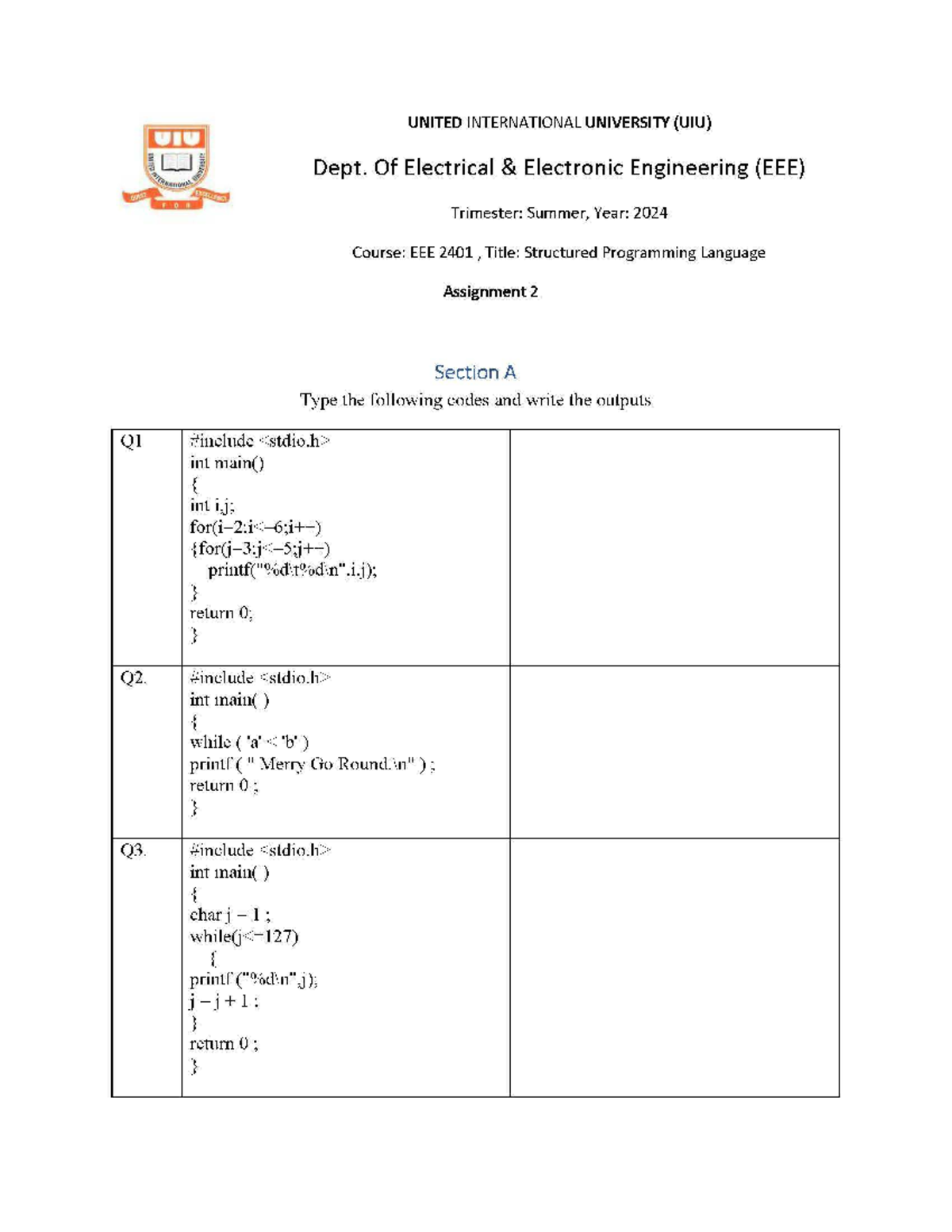 UIU EEE 2401 Summer 2024 Assignment 2: Structured Programming Codes ...