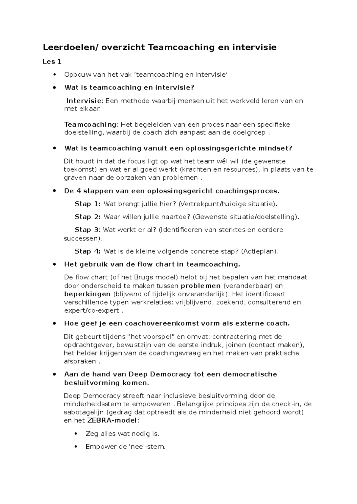 Leerdoelen Teamcoaching en Intervisie Les 1-10: Oplossingsgerichte ...
