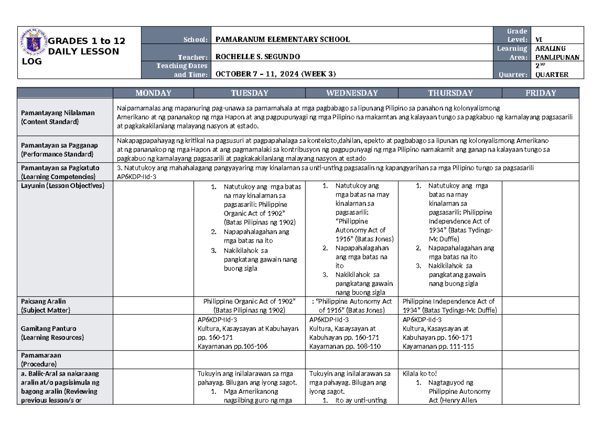 DLL Araling Panlipunan 6 Q2 W3 - GRADES 1 to 12 DAILY LESSON LOG School ...