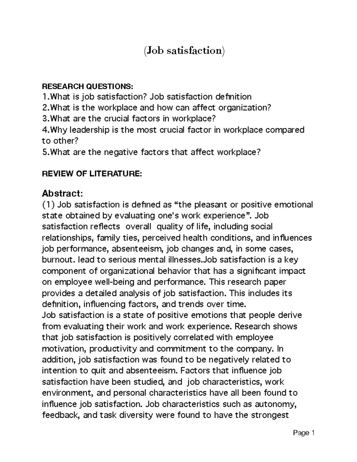 Job Satisfaction Analysis: Key Factors Influencing the Workplace - Studocu