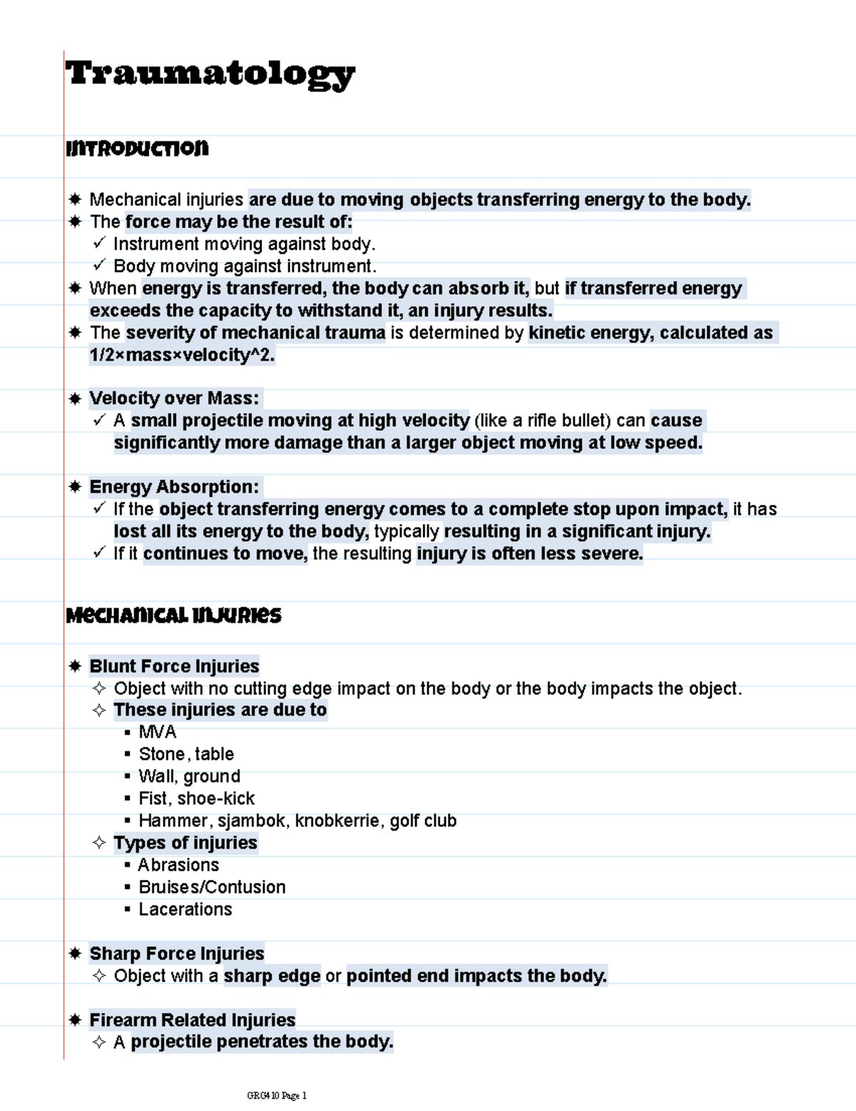 GRG410 Traumatology Part 2: Study Notes on Mechanical Injuries - Studocu